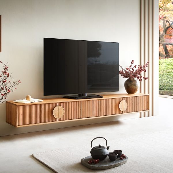 TV stolek Surimu 200x35x25 cm akácie světle hnědá 4 dvířka korkové madlo závěsný