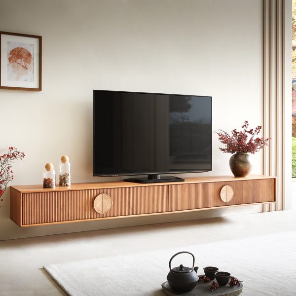 TV stolek Surimu 240x35x25 cm akácie světle hnědá 4 dvířka korkové madlo závěsný