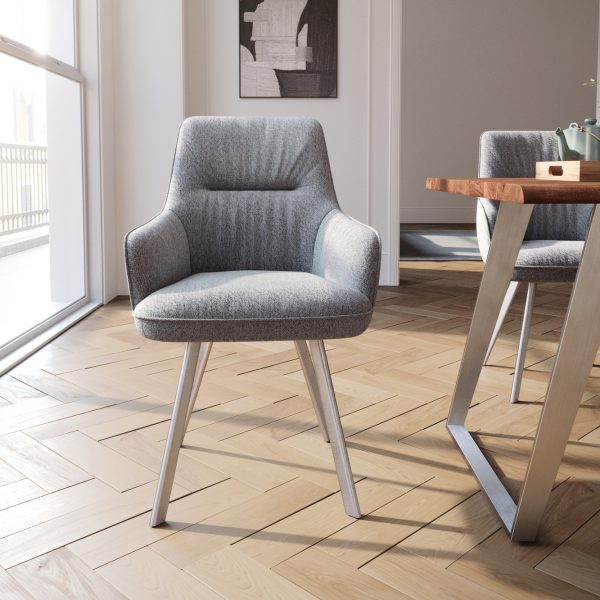 Jídelní židle Zelia-Flex s područkou oválná podnož z nerezové oceli texturovaná tkanina světle šedá