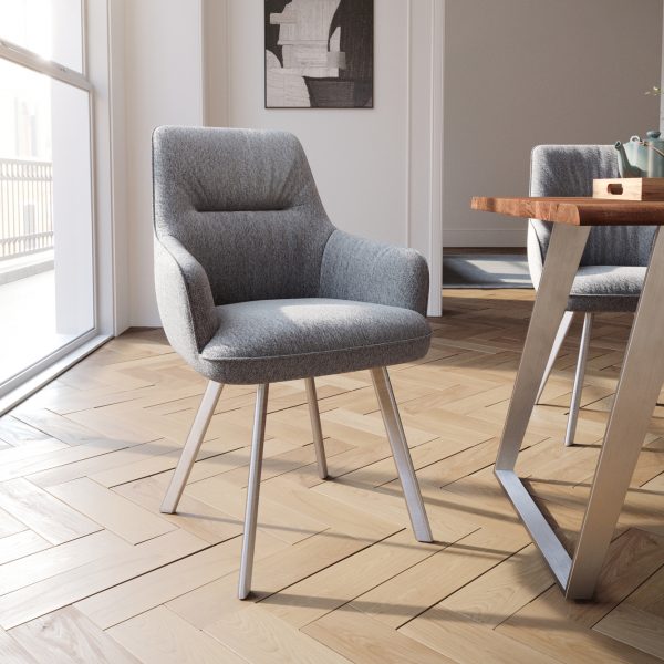 Jídelní židle Zelia-Flex s područkou oválná podnož z nerezové oceli texturovaná tkanina světle šedá