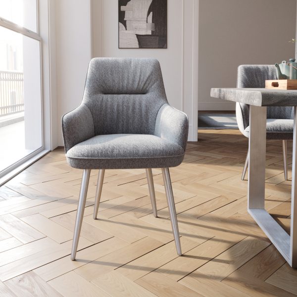 Jídelní židle Zelia-Flex s područkou zaoblená podnož nerezová ocel texturovaná tkanina světle šedá