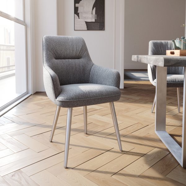 Jídelní židle Zelia-Flex s područkou zaoblená podnož nerezová ocel texturovaná tkanina světle šedá