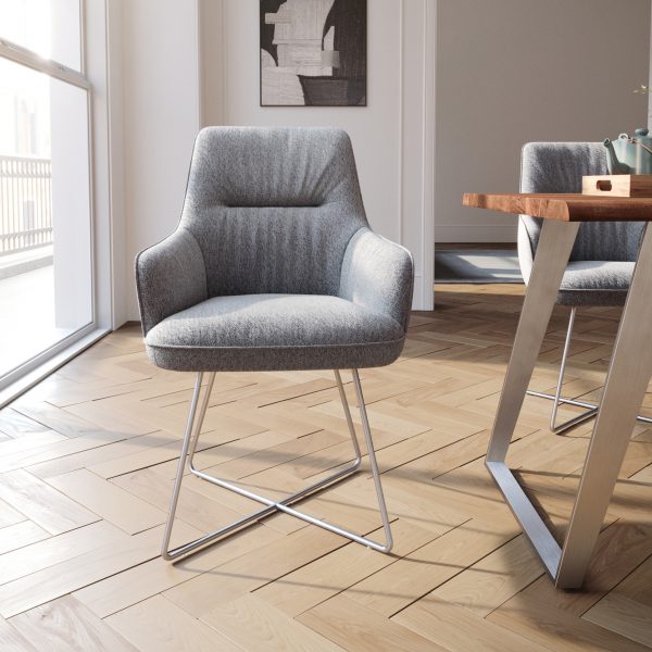 Jídelní židle Zelia-Flex s područkou podnož ve tvaru “X” z nerezové oceli s texturovanou tkaninou světle šedá