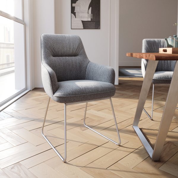 Jídelní židle Zelia-Flex s područkou tenká podnož černá texturovaná tkanina světle šedá