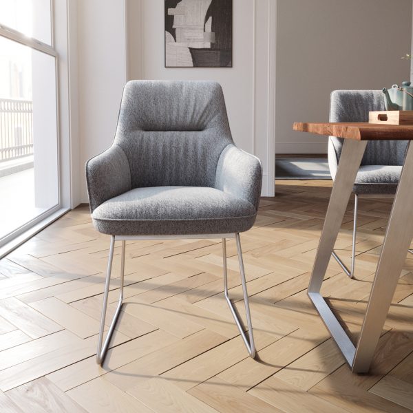 Jídelní židle Zelia-Flex s područkou tenká podnož z nerezové oceli texturovaná tkanina světle šedá