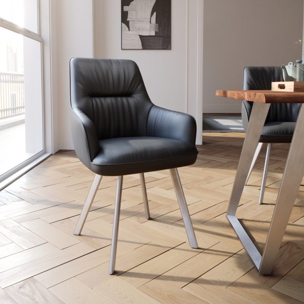 Jídelní židle Zelia-Flex s područkou oválná podnož z nerezové oceli pravá kůže černá