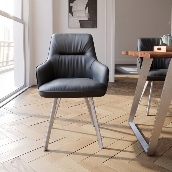 Jídelní židle Zelia-Flex s područkou oválná podnož z nerezové oceli pravá kůže černá