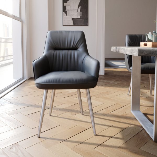 Jídelní židle Zelia-Flex s područkou zaoblená podnož z nerezové oceli pravá kůže černá