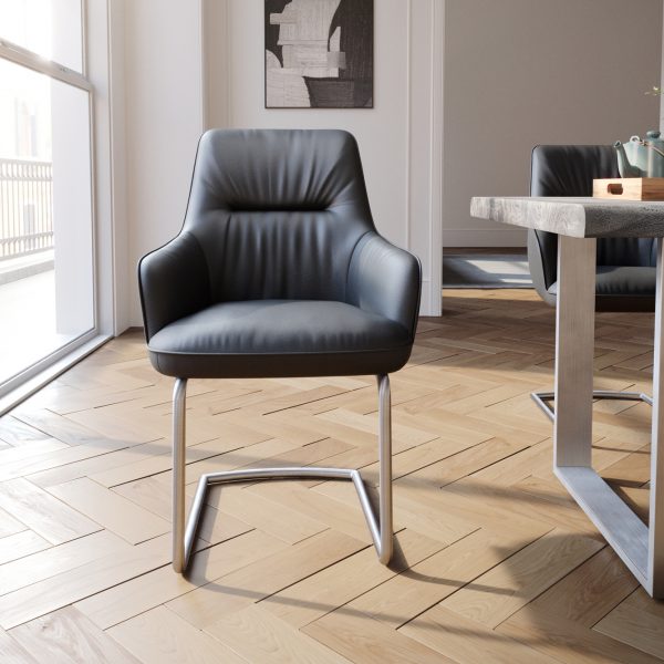 Jídelní židle Zelia-Flex s područkou konzolová podnož kulatá nerezová ocel pravá kůže černá