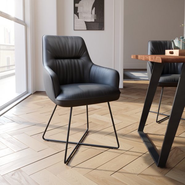 Jídelní židle Zelia-Flex s područkou podnož ve tvaru “X” černá pravá kůže černá