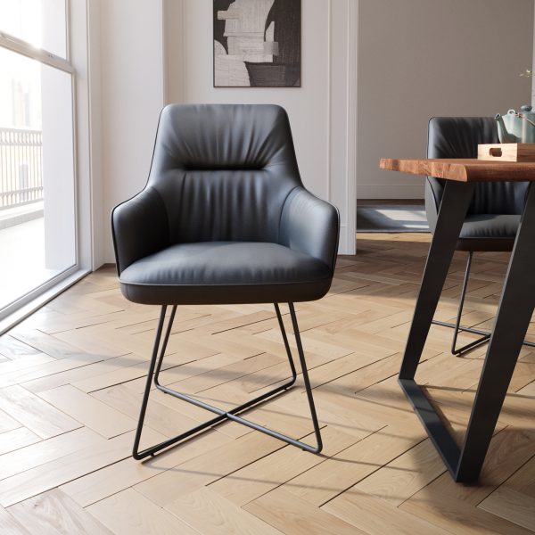 Jídelní židle Zelia-Flex s područkou podnož ve tvaru “X” černá pravá kůže černá