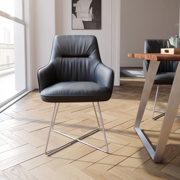 Jídelní židle Zelia-Flex s loketními opěrkami podnož ve tvaru “X” nerezová ocel pravá kůže černá