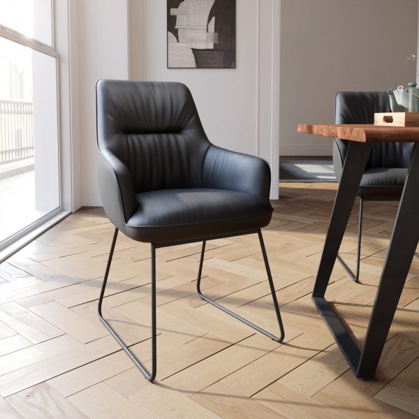 Jídelní židle Zelia-Flex s područkou tenká černá podnož pravá kůže černá