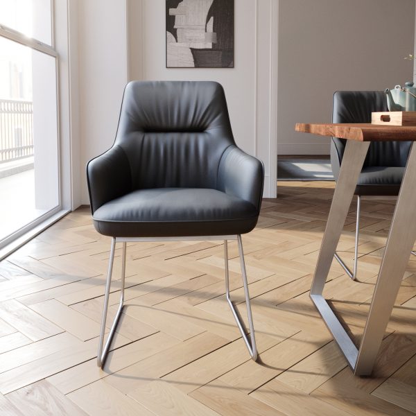 Jídelní židle Zelia-Flex s područkou tenká podnož z nerezové oceli pravá kůže černá