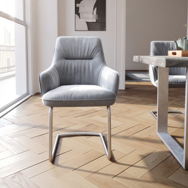 Jídelní židle Zelia-Flex s područkou konzolová podnož kulatá nerezová ocel samet šedá