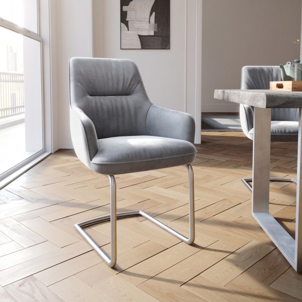 Jídelní židle Zelia-Flex s područkou konzolová podnož kulatá nerezová ocel samet šedá