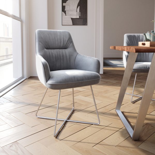Jídelní židle Zelia-Flex s područkou podnož ve tvaru “X” nerezová ocel samet šedá