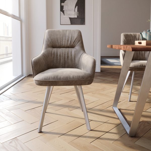 Jídelní židle Zelia-Flex s područkou oválná podnož z nerezové oceli mikrovlákno taupe vintage