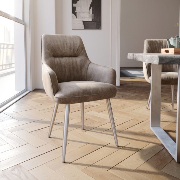 Jídelní židle Zelia-Flex s područkou zaoblená podnož nerezová ocel mikrovlákno taupe vintage