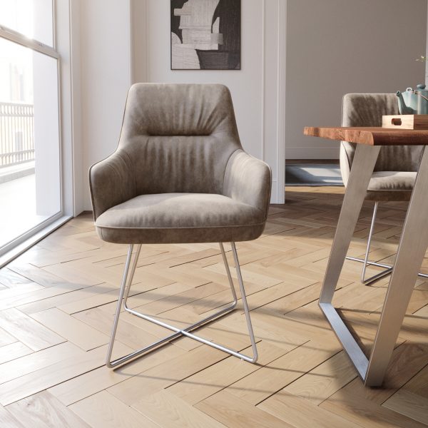 Jídelní židle Zelia-Flex s područkou podnož ve tvaru “X” nerezová ocel mikrovlákno taupe vintage