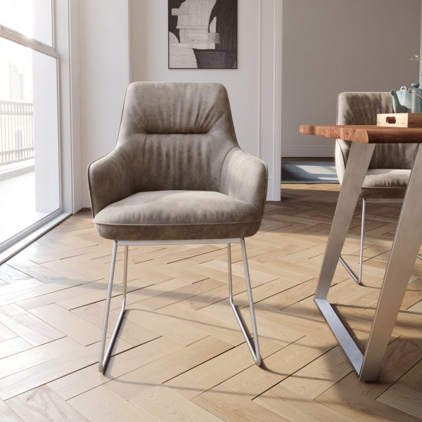 Jídelní židle Zelia-Flex s područkou tenká podnož z nerezové oceli mikrovlákno taupe vintage