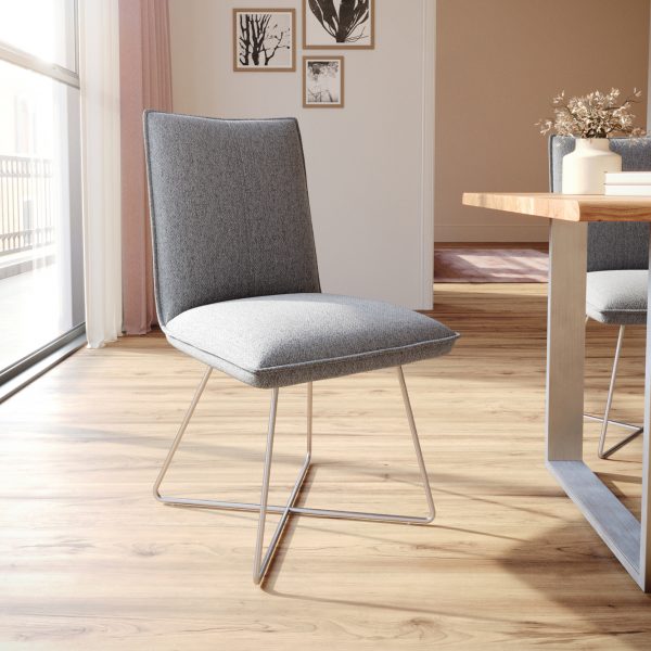 Jídelní židle Lelio-Flex podnož ve tvaru “X” z nerezové oceli texturovaná tkanina světle šedá
