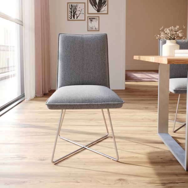 Jídelní židle Lelio-Flex podnož ve tvaru “X” z nerezové oceli texturovaná tkanina světle šedá