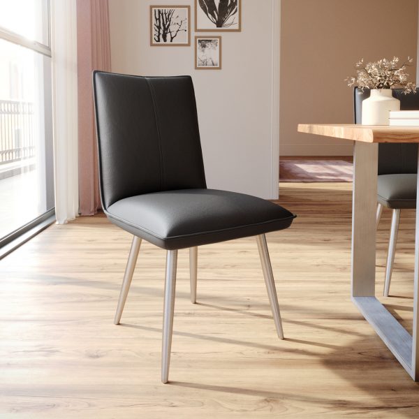 Jídelní židle Lelio-Flex zaoblená podnož z nerezové oceli pravá kůže černá