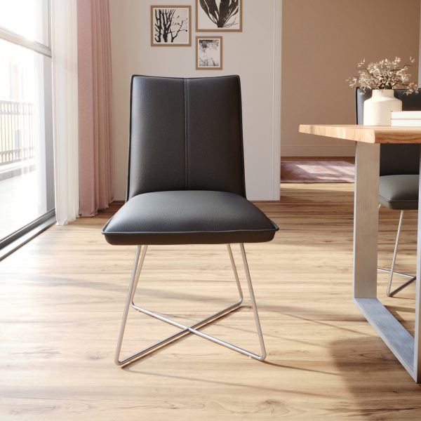 Jídelní židle Lelio-Flex podnož ve tvaru “X” z nerezové oceli pravá kůže černá