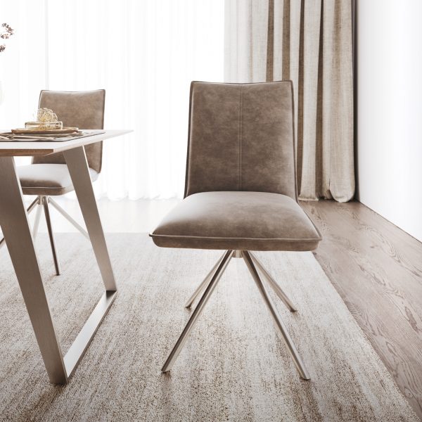 Jídelní židle Lelio-Flex křížová podnož kulatá otočná z nerezové oceli mikrovlákno taupe vintage 180°
