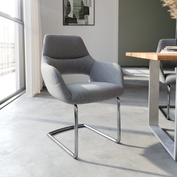 Otočná židle Yago-Flex s područkami Texturovaná tkanina Světle šedá Konzolová židle Kulatá chromová židle