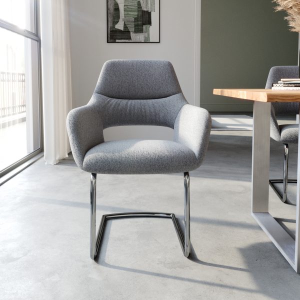 Otočná židle Yago-Flex s područkami Texturovaná tkanina Světle šedá Konzolová židle Kulatá chromová židle