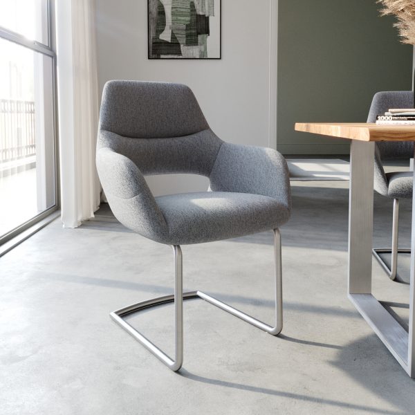 Houpací židle Yago-Flex s područkami Světle šedá texturovaná tkanina Kulatá konzola z nerezové oceli