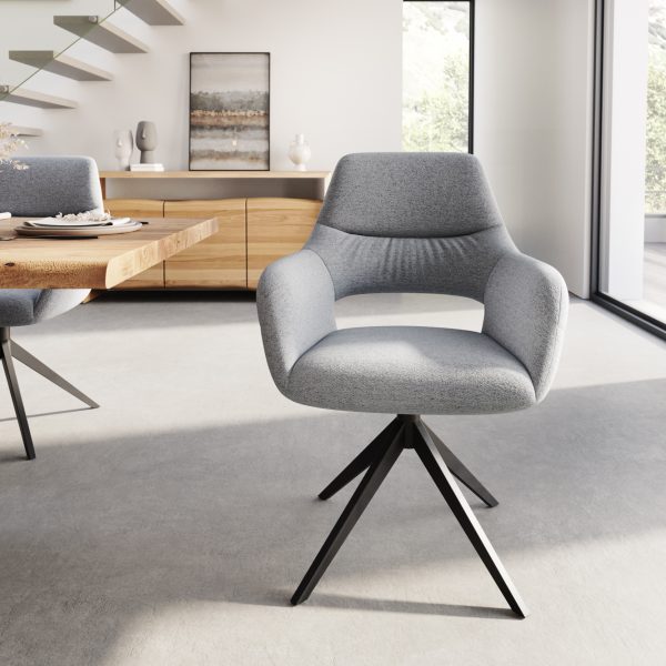Otočná židle Yago-Flex s područkami Světle šedá texturovaná tkanina Křížový podstavec široký černý 360° otočný