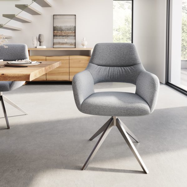 Otočná židle Yago-Flex s područkou křížová podnož široká otočná nerezová ocel texturovaná tkanina světle šedá 360°