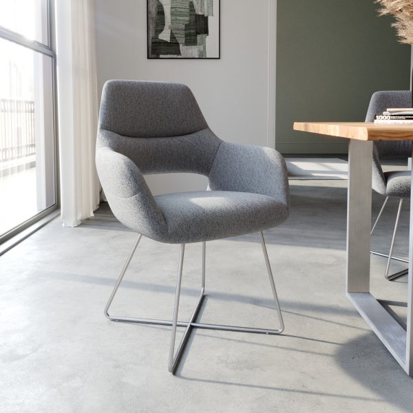 Jídelní židle Yago-Flex podnož ve tvaru “X” z nerezové oceli texturovaná tkanina světle šedá