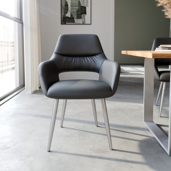 Jídelní židle Yago-Flex zaoblená podnož z nerezové oceli pravá kůže černá