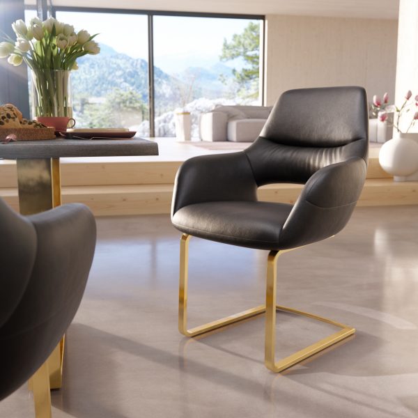 Jídelní židle Yago-Flex s područkou konzolová podnož plochá zlatá pravá kůže černá