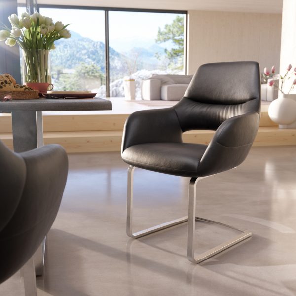 Jídelní židle Yago-Flex konzolová podnož plochá nerezová ocel pravá kůže černá