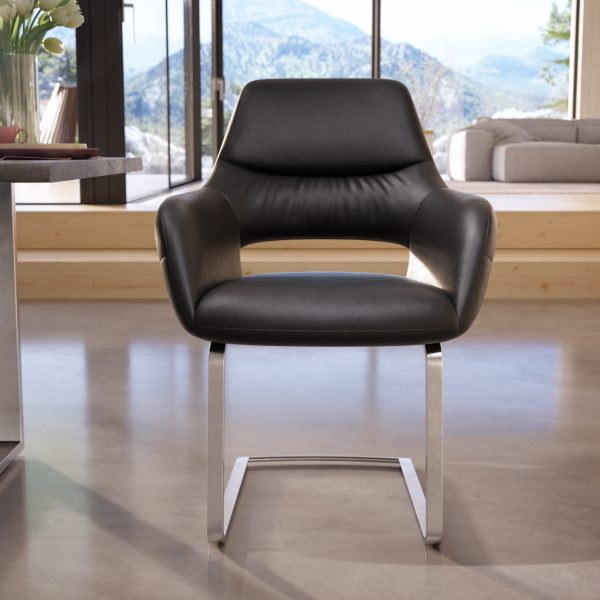 Houpací židle Yago-Flex s područkami z pravé kůže černá konzolová plochá nerezová ocel