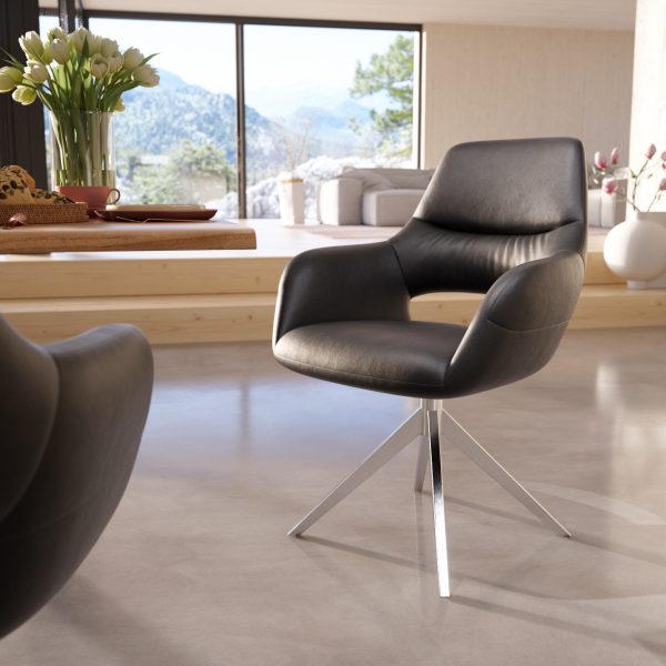 Otočná židle Yago-Flex s područkami pravá kůže černá křížová základna široká nerezová ocel otočná o 360°