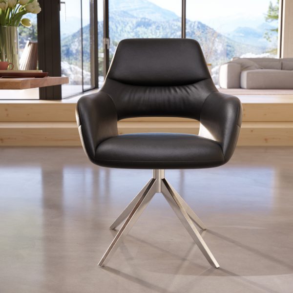 Otočná židle Yago-Flex s područkami pravá kůže černá křížová základna široká nerezová ocel otočná o 360°