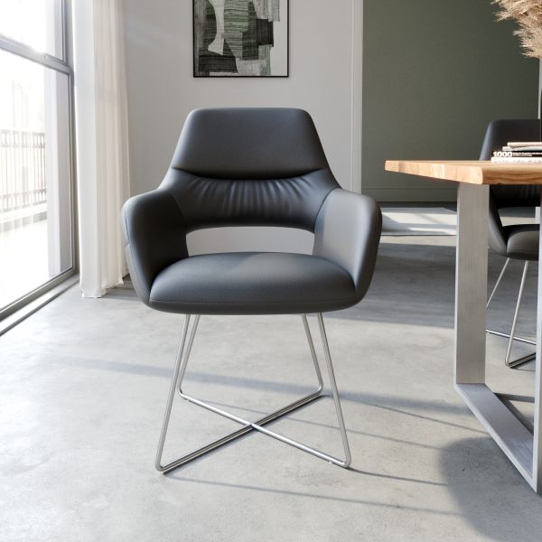 Jídelní židle Yago-Flex podnož ve tvaru “X” z nerezové oceli pravá kůže černá