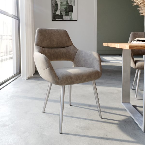 Jídelní židle Yago-Flex zaoblená podnož z nerezové oceli mikrovlákno taupe vintage