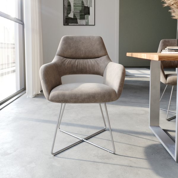 Jídelní židle Yago-Flex podnož ve tvaru “X” z nerezové oceli mikrovlákno taupe vintage