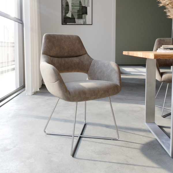 Jídelní židle Yago-Flex podnož ve tvaru “X” z nerezové oceli mikrovlákno taupe vintage