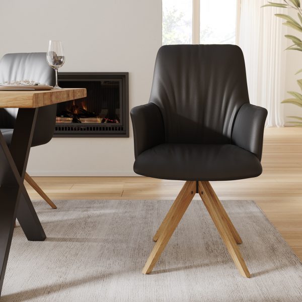 Otočná židle Willa-Flex s područkami pravá kůže černá Dřevěný rám hranatý 180° otočný