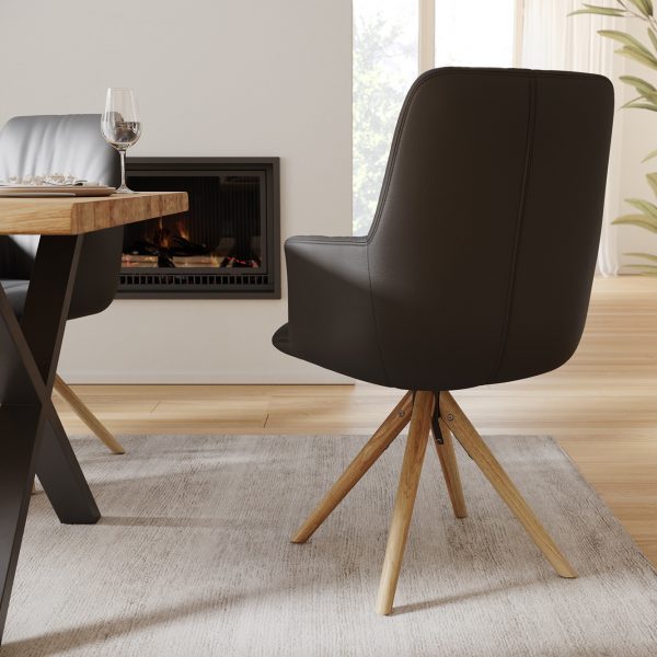 Otočná židle Willa-Flex s područkami z pravé kůže s černým dřevěným rámem, kónická, otočná o 180°
