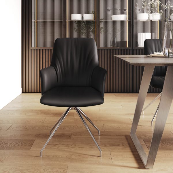 Otočná židle Willa-Flex s područkami pravá kůže černá Křížová podnož kónická nerezová ocel otočná o 180°