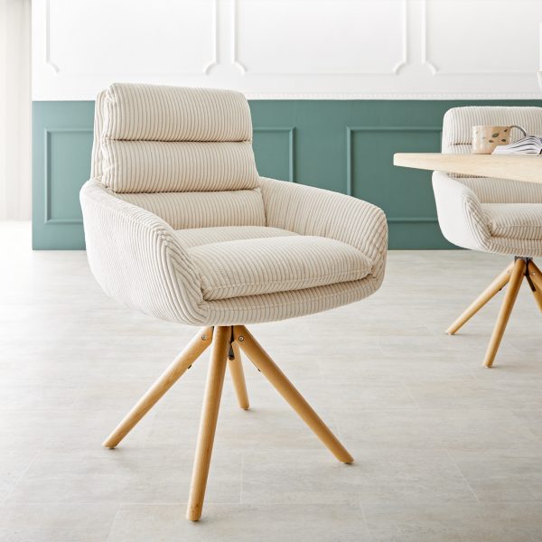 Otočná židle Abelia-Flex s područkami Šňůra Béžový dřevěný rám Kónický 180° otáčení